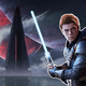 A large image of Jedi Cal Kestis standing in front of the dark and large Inquisitor Fortress.